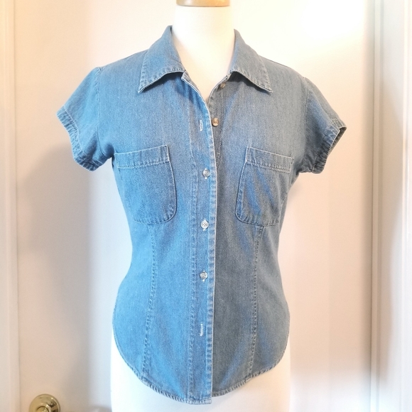 Blue Small Jean Denim Style Cap Sleeve Blouse - Picture 1 of 11